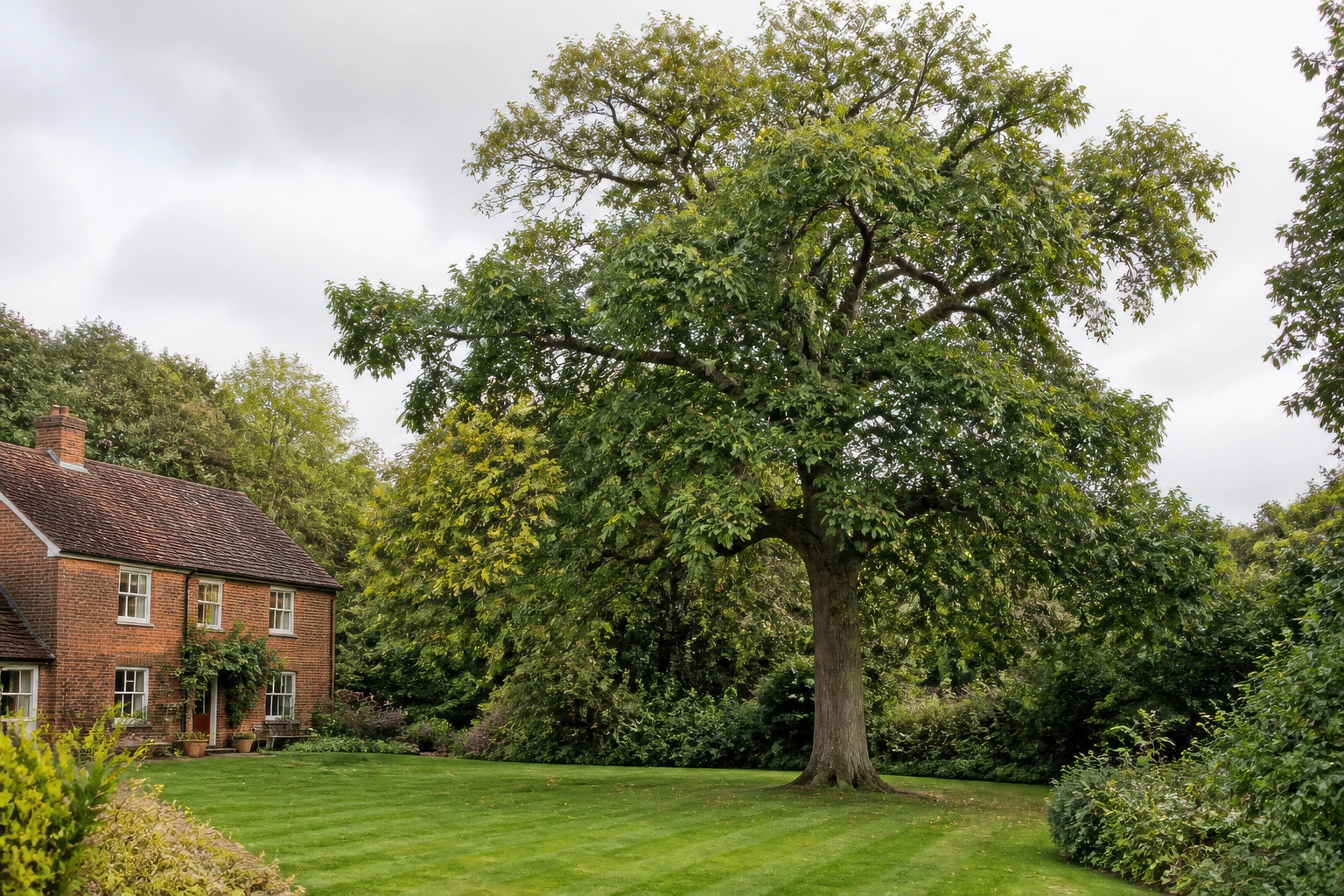 A mature broadleaf tree on a generous lawn beside an ordinary red-brick cottage-style home and mixed planting.