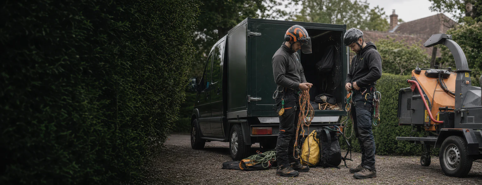 Two arborists checking climbing ropes and protective equipment beside a work vehicle.