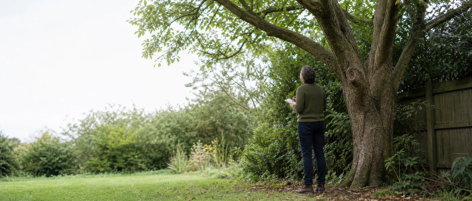 A person observing a mature tree from ground level beside a garden boundary.
