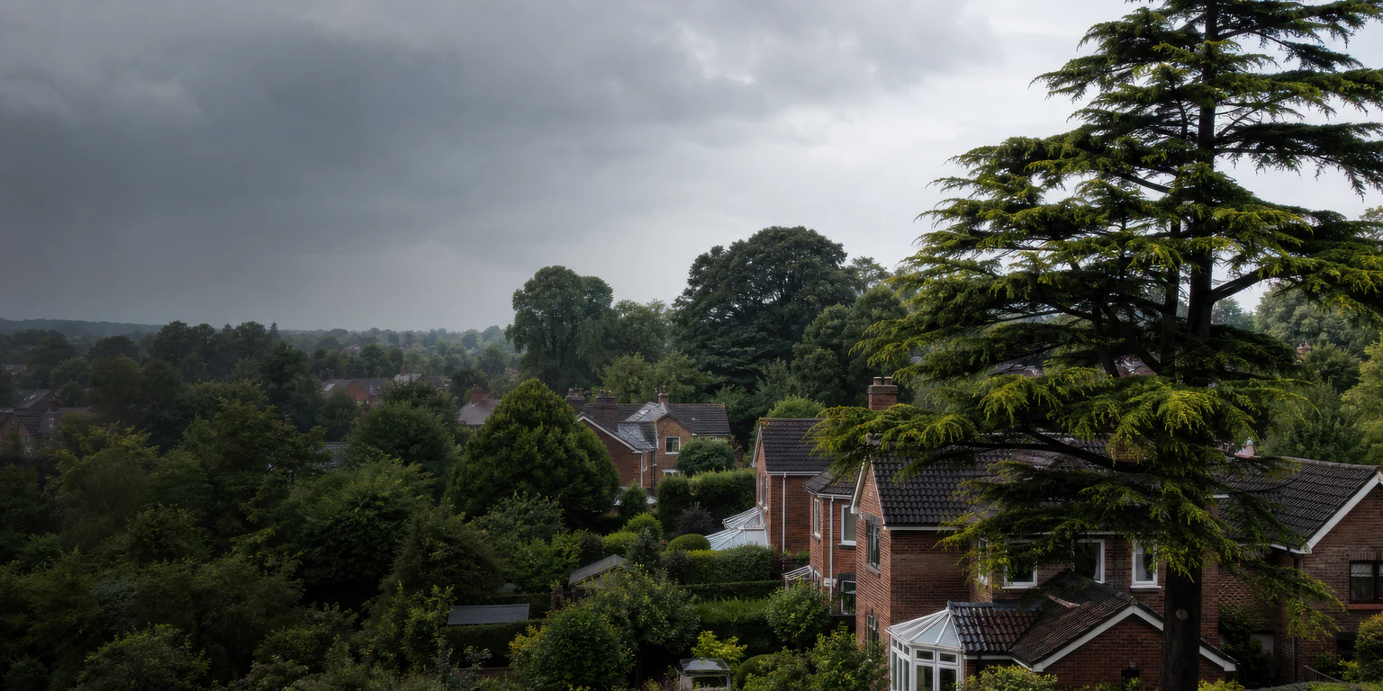 Mature trees growing among residential gardens and homes.
