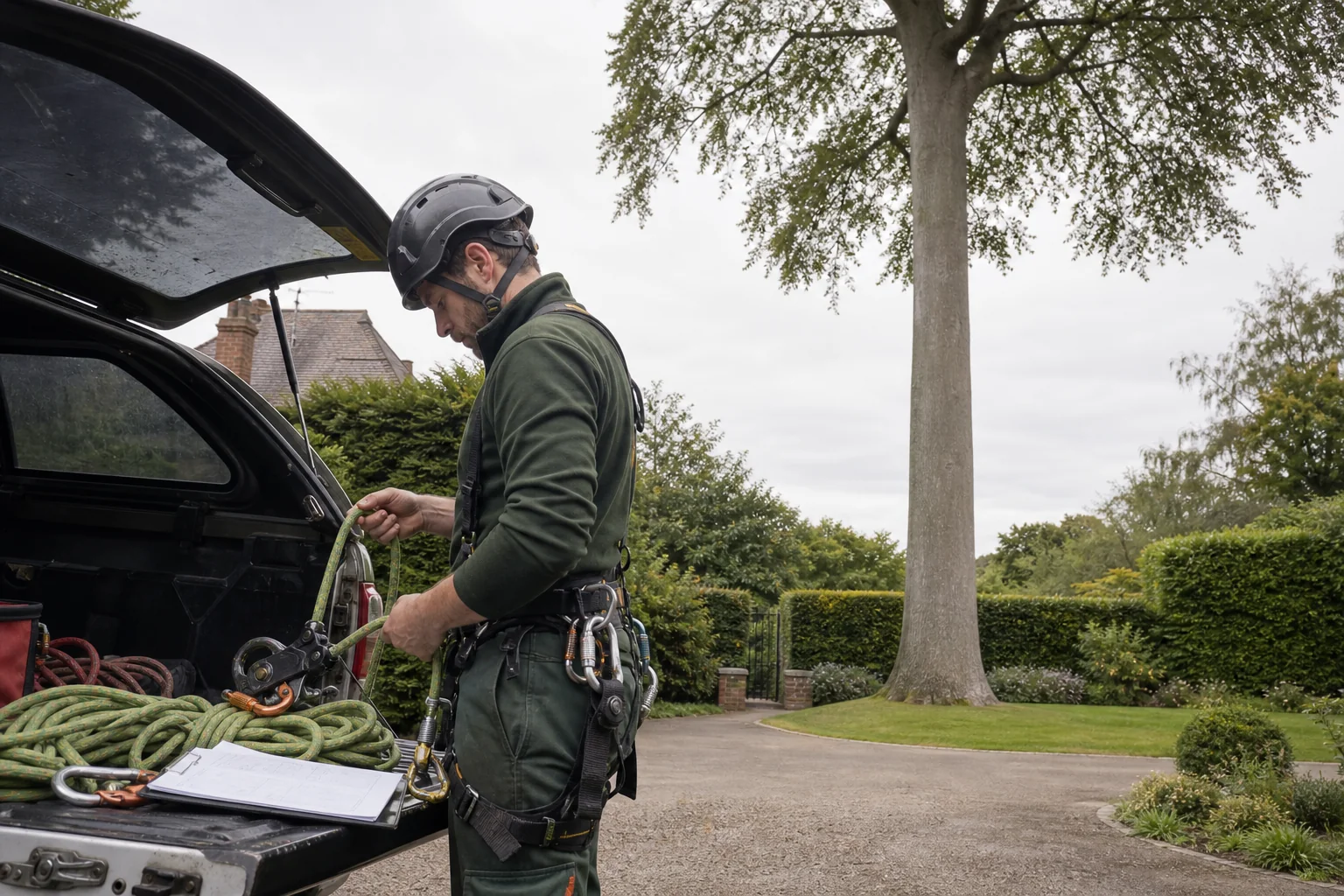 An arborist checks climbing rope and hardware beside a mature garden tree.