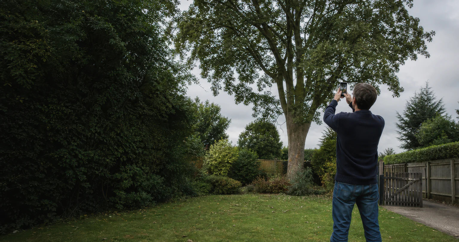 A property owner photographing a mature tree and the garden around it.