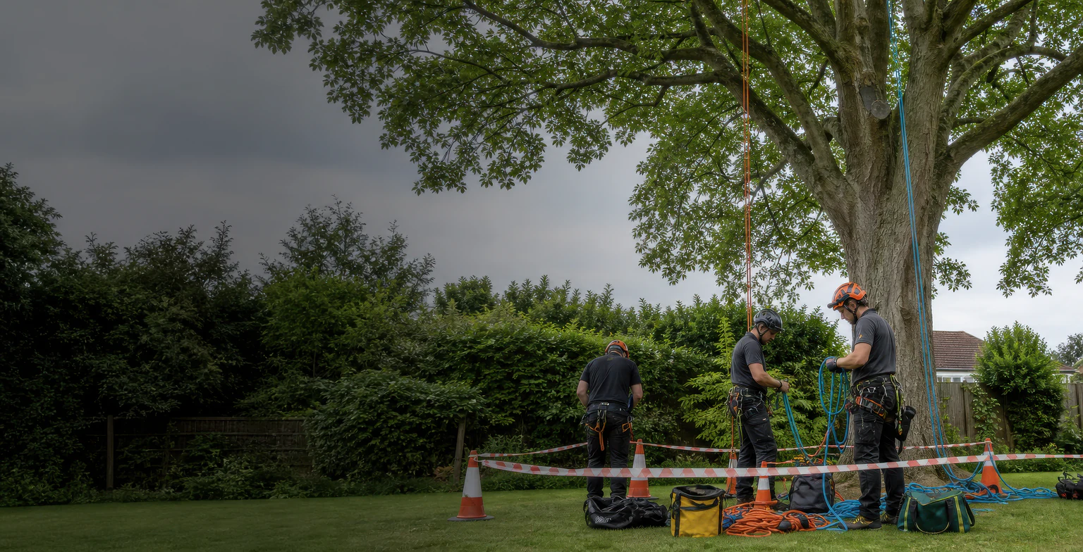 Three arborists preparing ropes and a work area beside a mature garden tree.