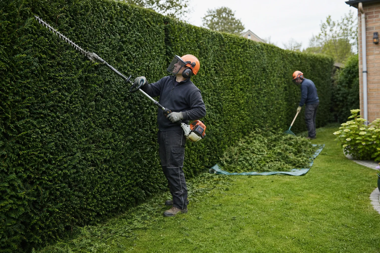 A worker trimming a tall garden hedge with a petrol long-reach hedge cutter.