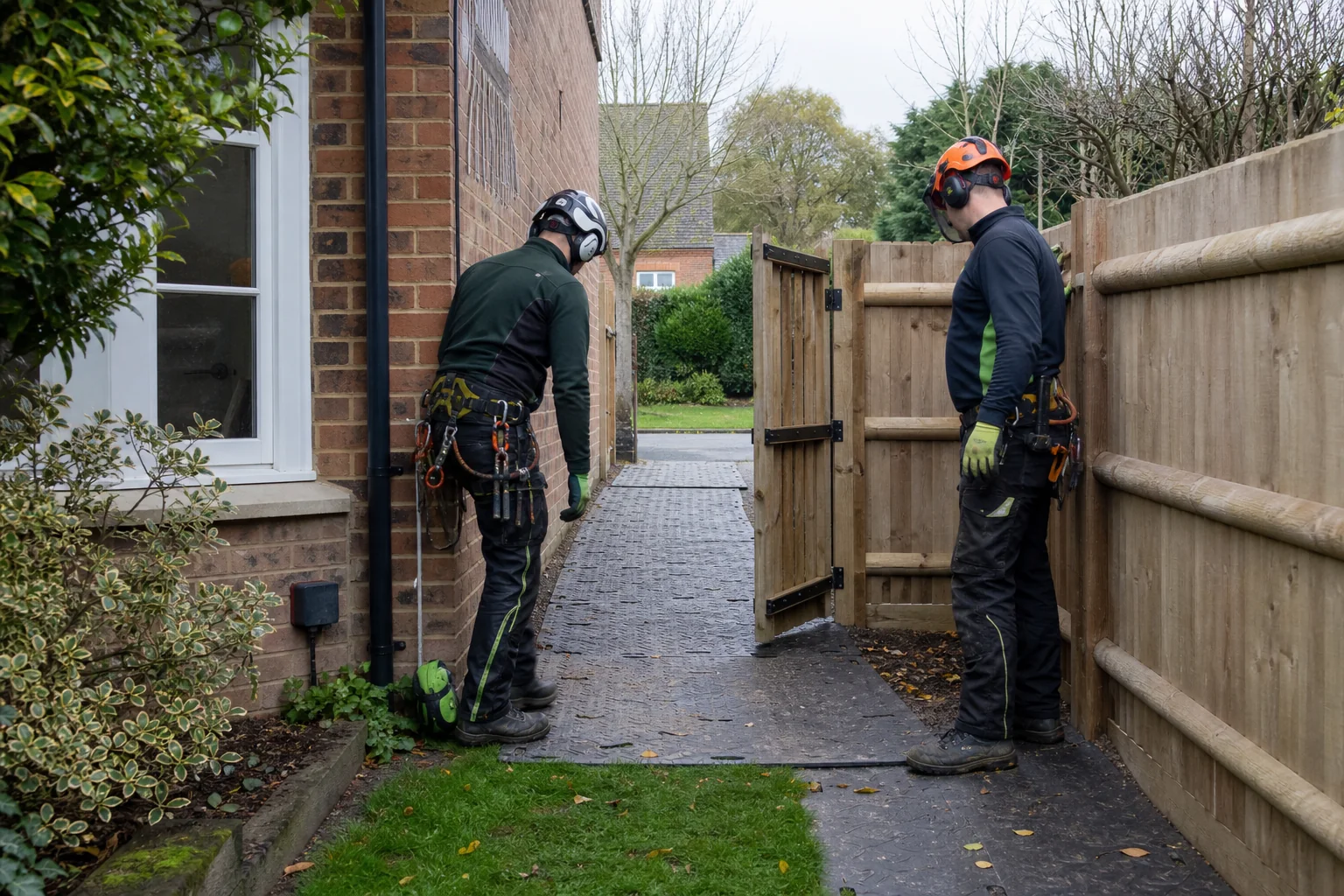 Two arborists checking ground protection through a narrow side passage.