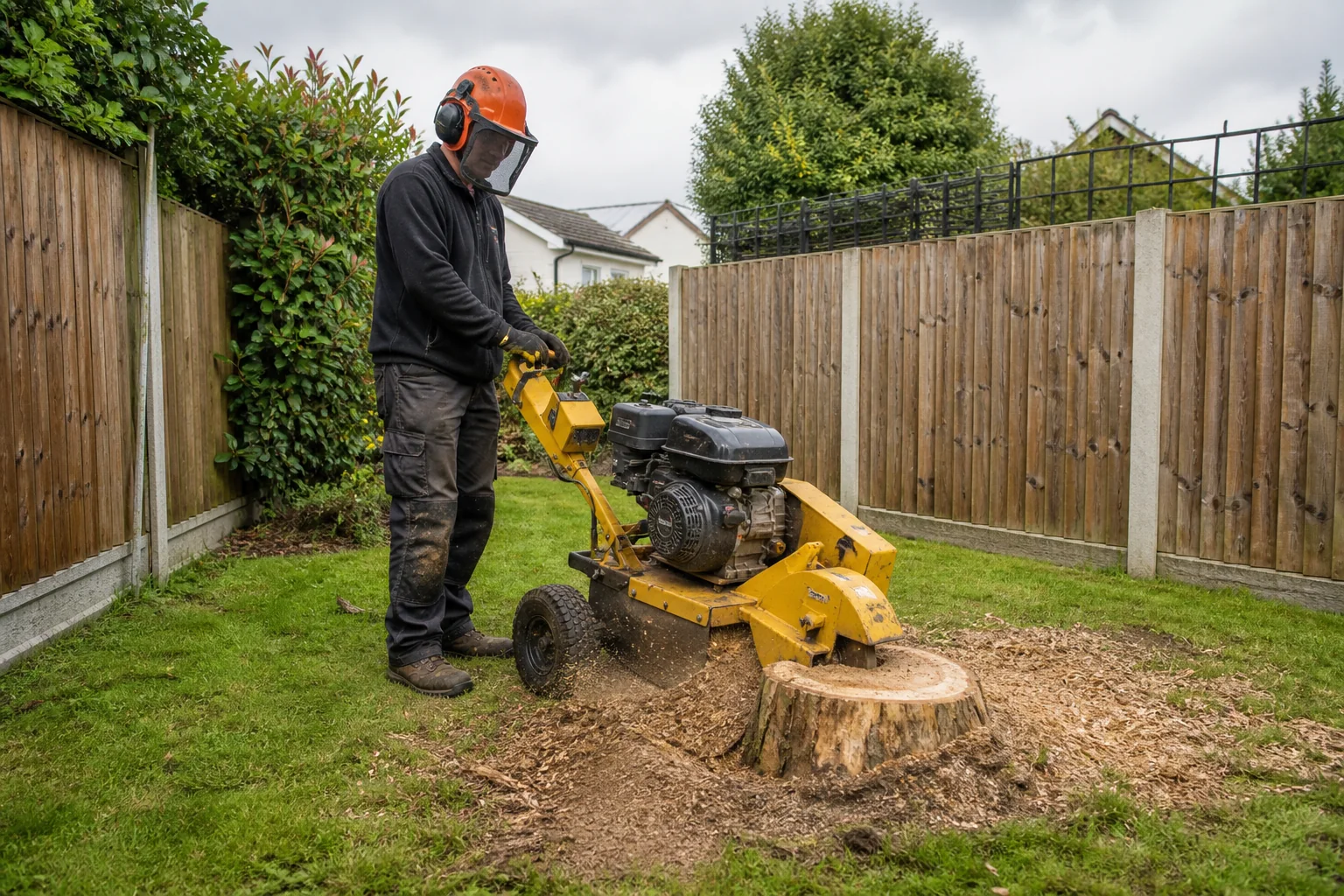 An operator using a compact petrol stump grinder in a fenced garden.