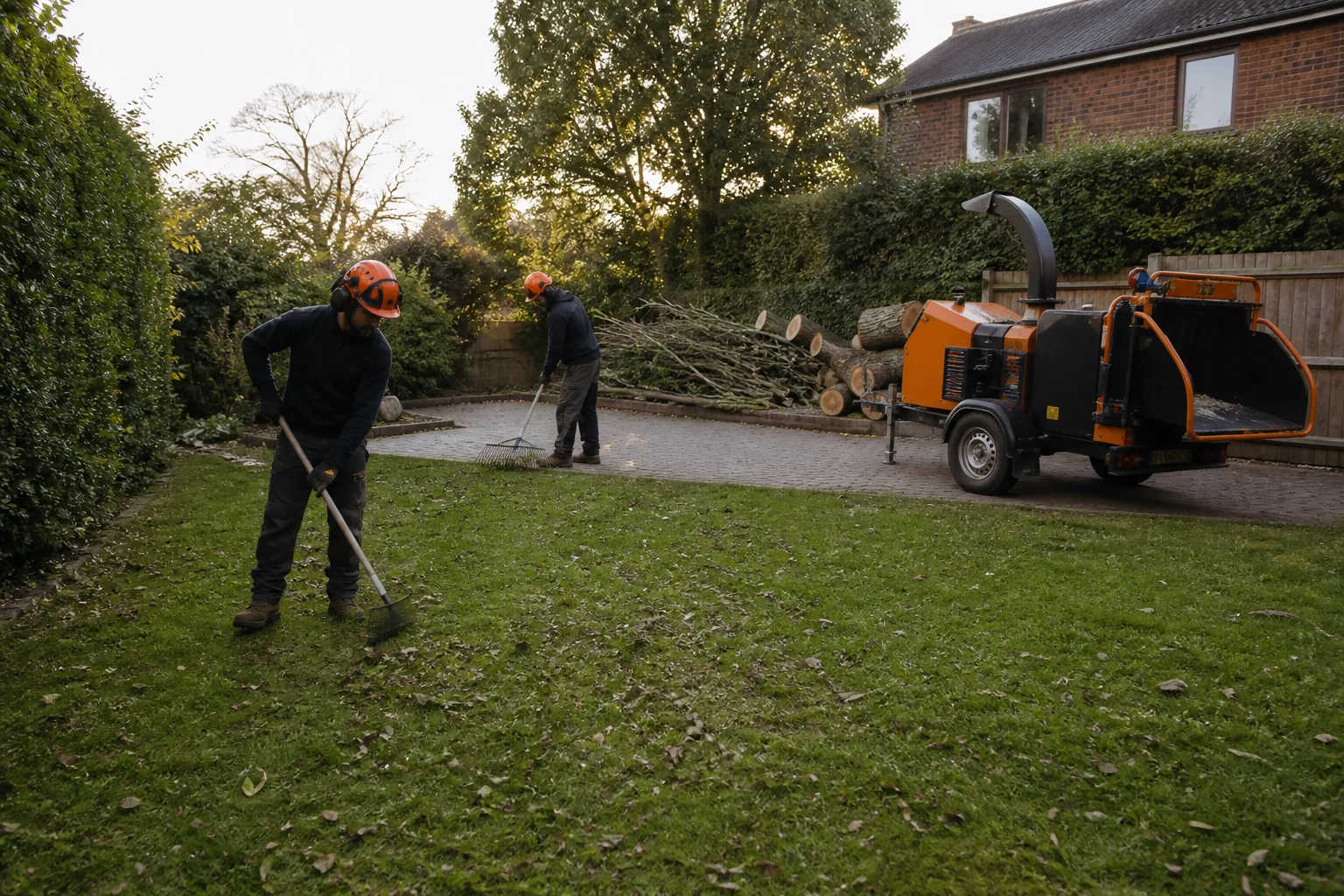 Two arborists raking a garden beside stacked timber and a parked wood chipper.