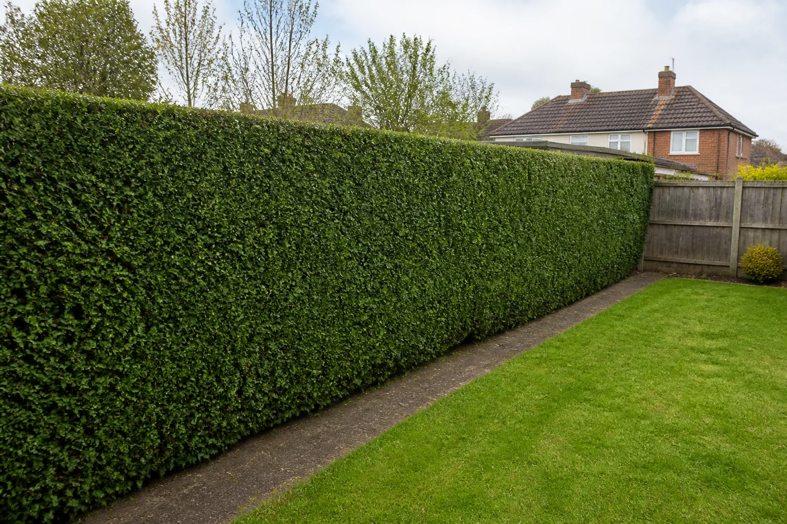 A long evergreen garden hedge with a neatly trimmed face and top.