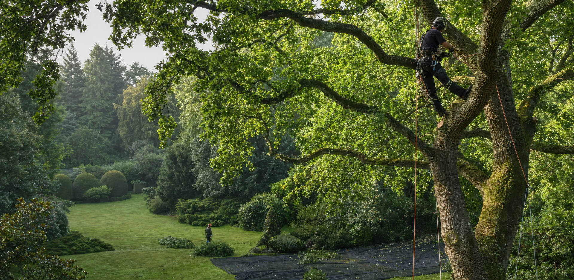 Arborist working from ropes in a mature oak