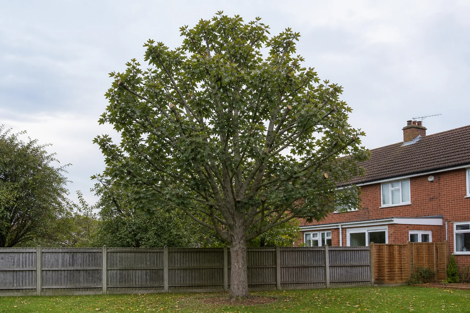 A mature sycamore immediately after a measured crown reduction.
