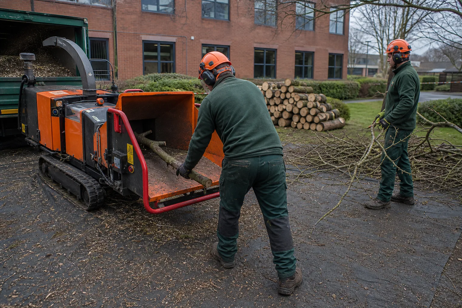 Two tree workers process branches beside a wood chipper and a stacked timber pile.