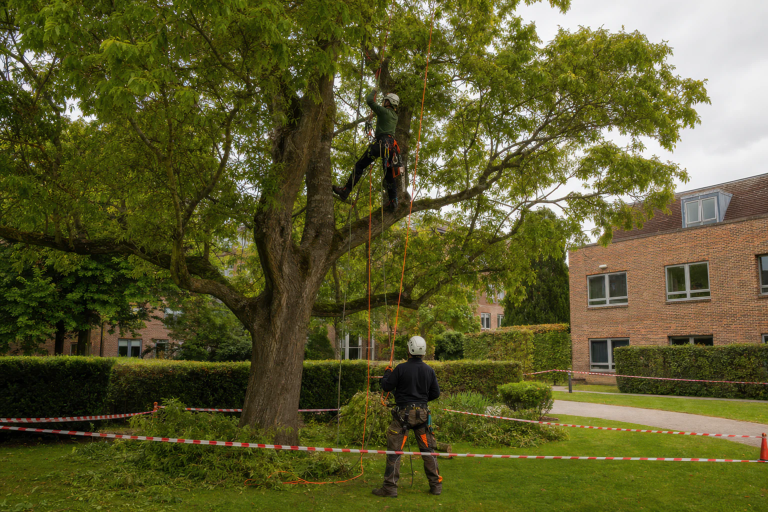 Two tree workers manage a roped working area beside mature trees on maintained grounds.