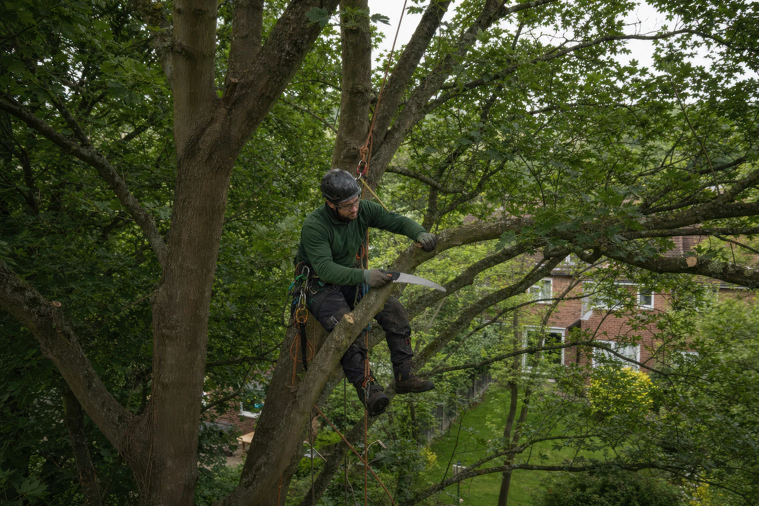 An arborist secured by ropes uses a hand saw within a mature tree crown.