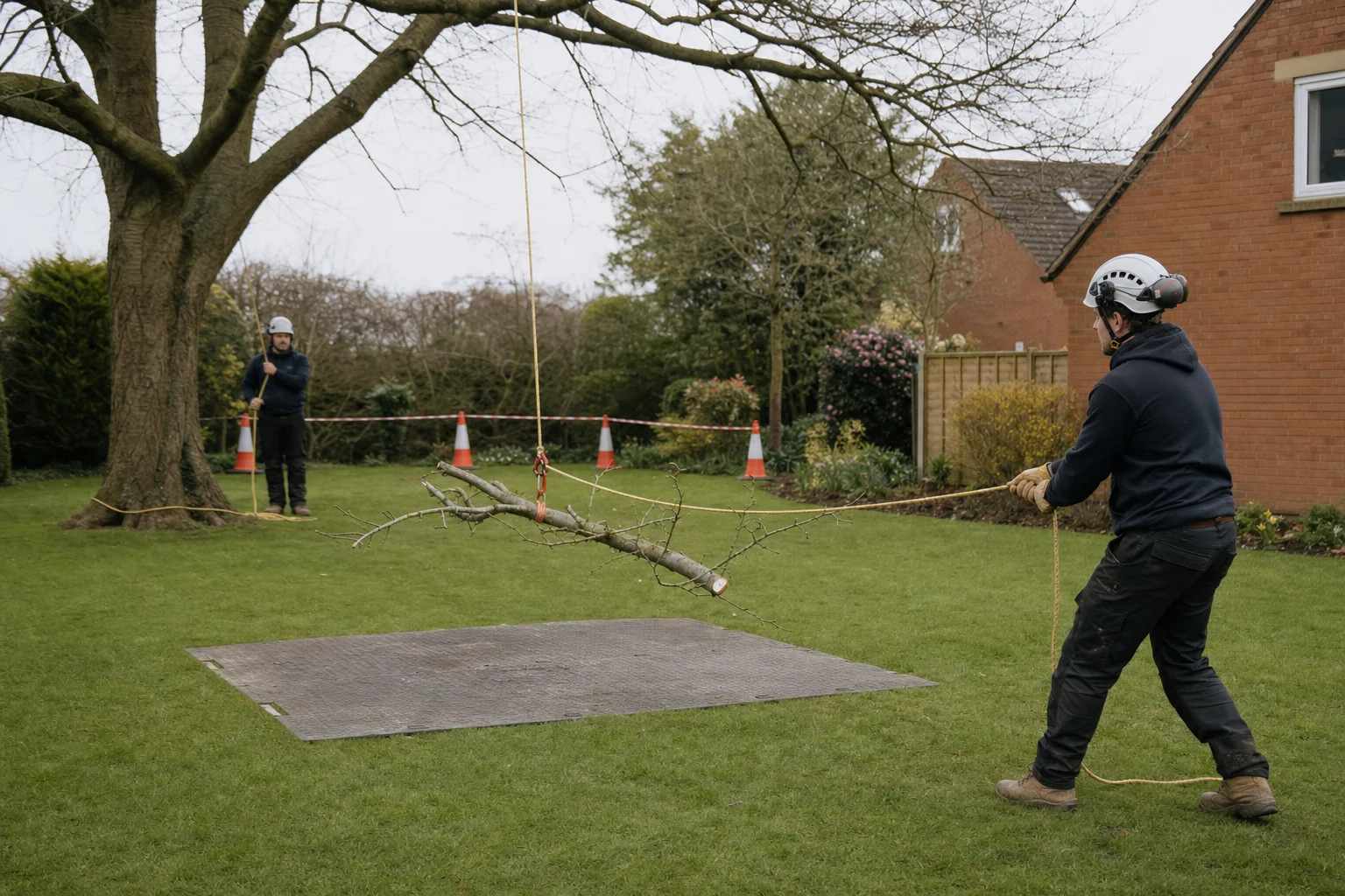 Two tree workers control a leafless branch as it is lowered towards a mat on an open lawn.