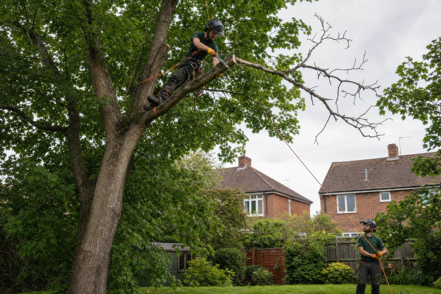 An arborist removing a leafless dead branch while a ground worker controls a rope below.