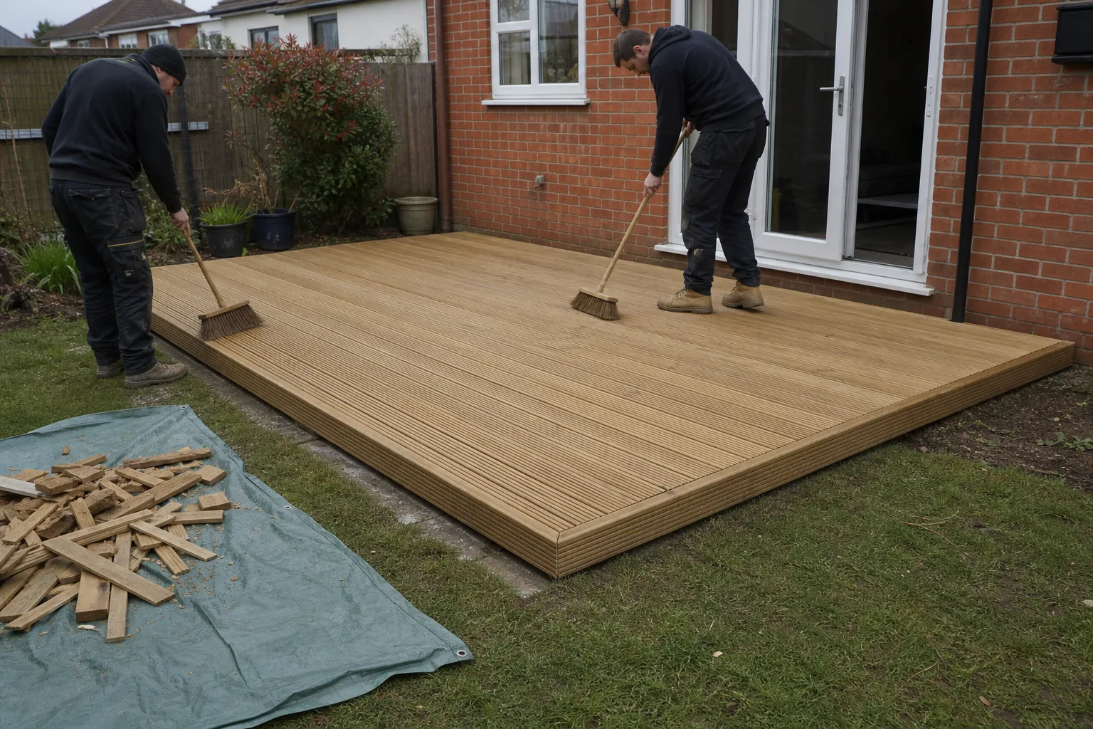 A completed timber deck with straight board lines beside a lawn and planted border.