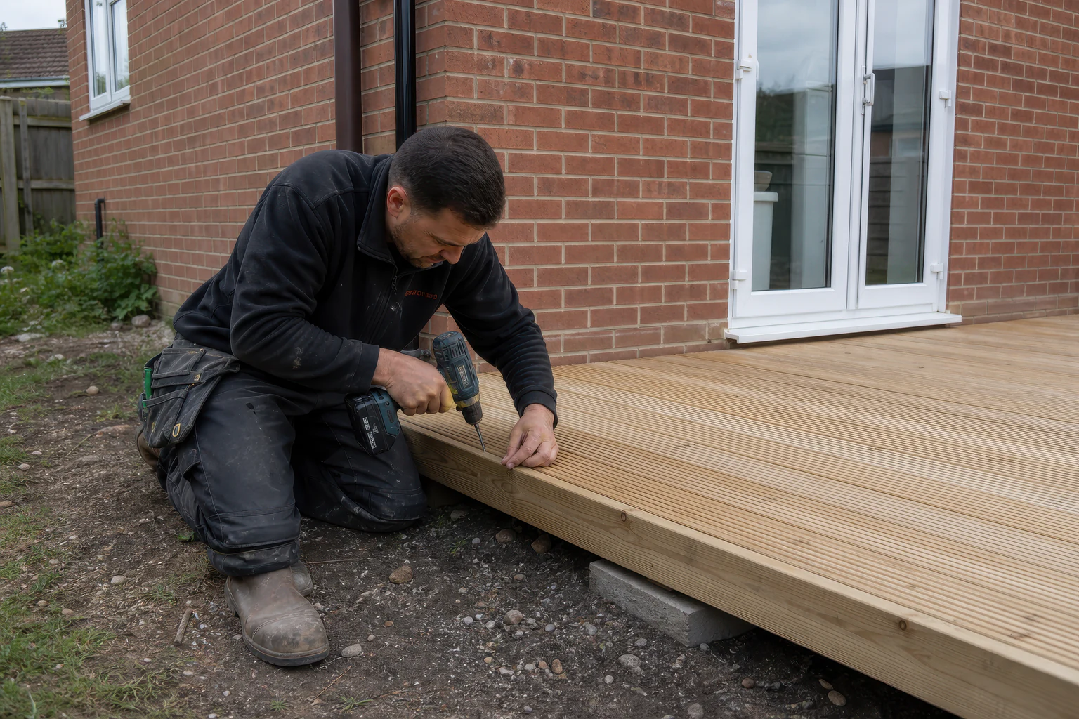 A worker fixes the outer board along the supported edge of a low timber deck.