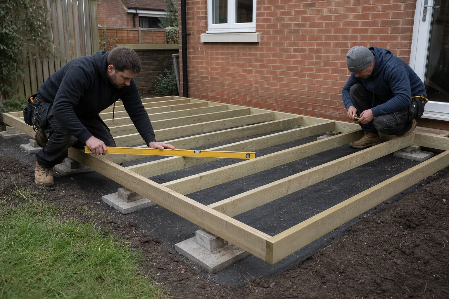 A low timber deck frame is set out beside a house threshold and garden border.
