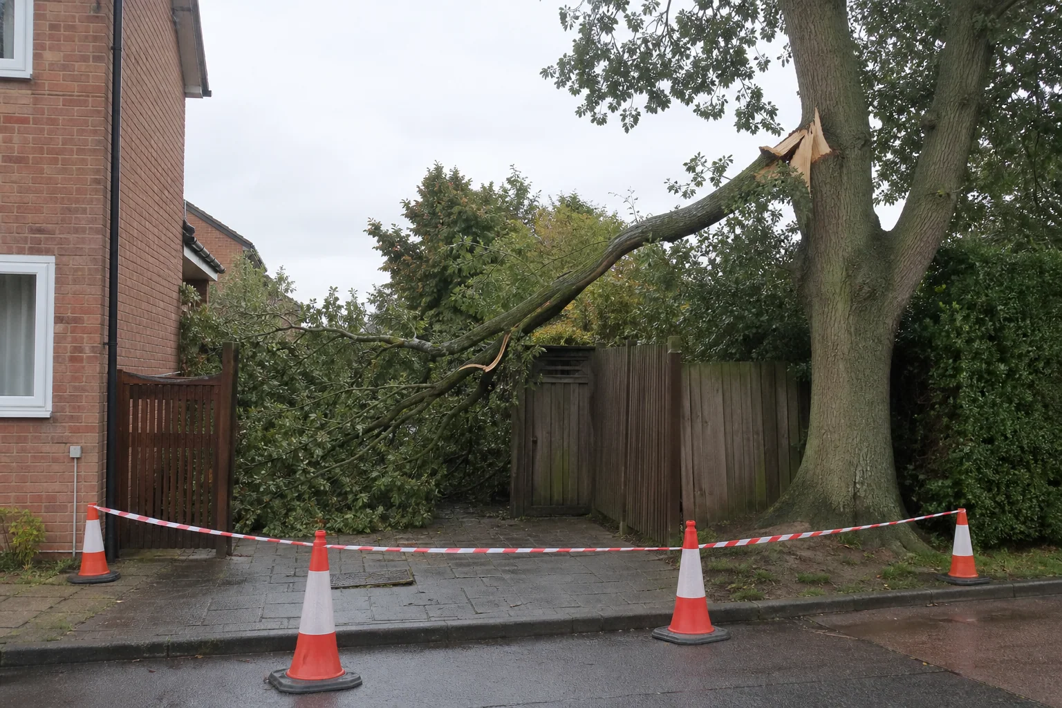 A broken tree limb blocking a domestic side path behind an exclusion barrier.