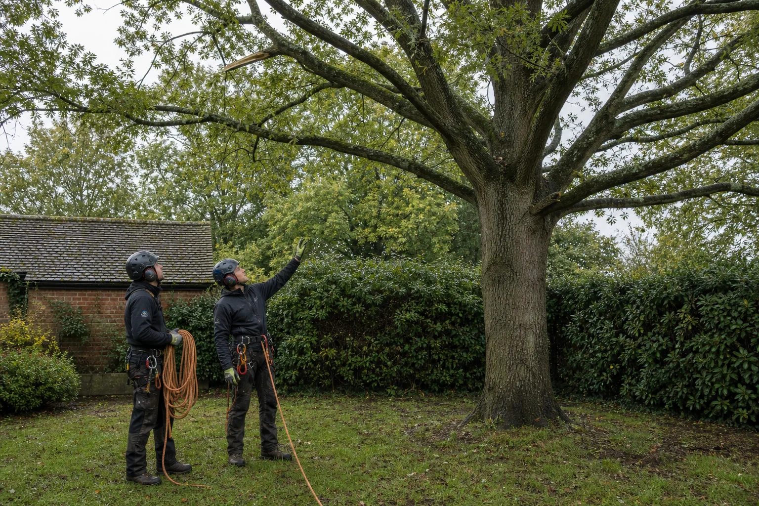 Two arborists planning a rope route from the ground beside a damaged tree.