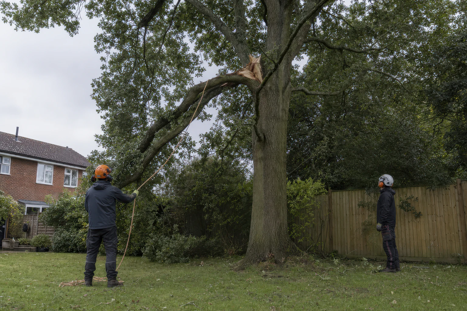 Two arborists controlling a rope below a storm-damaged tree with a broken limb.