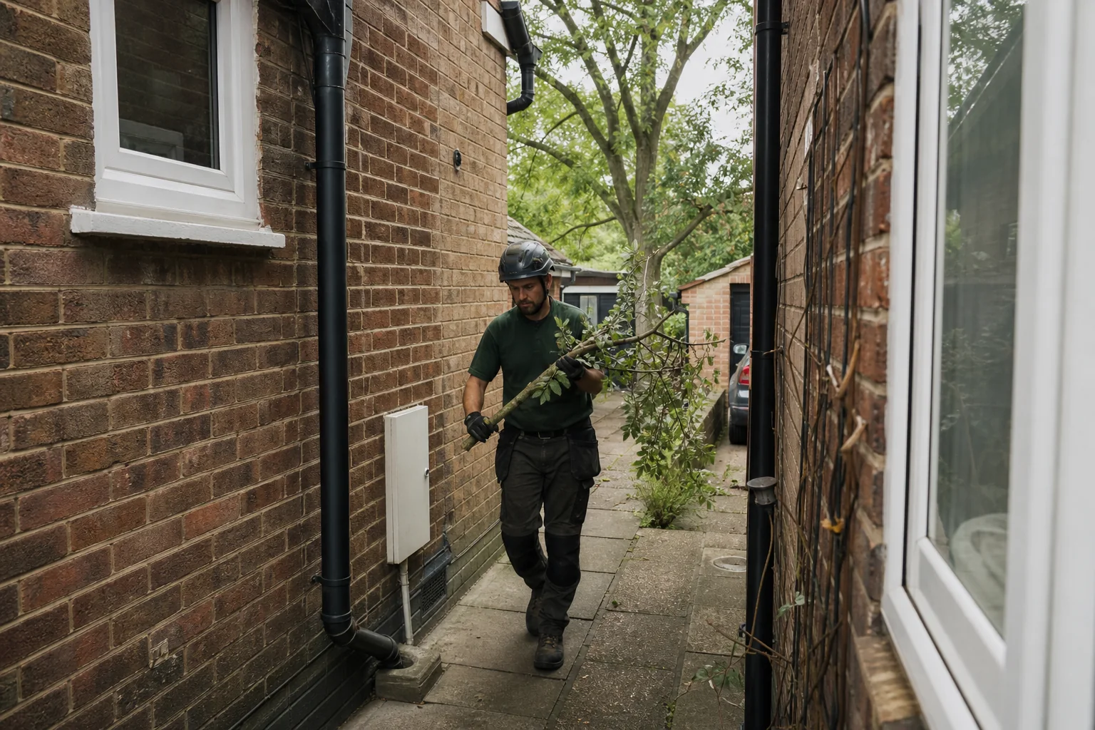 An arborist carries a cut branch through a narrow passage between two houses.