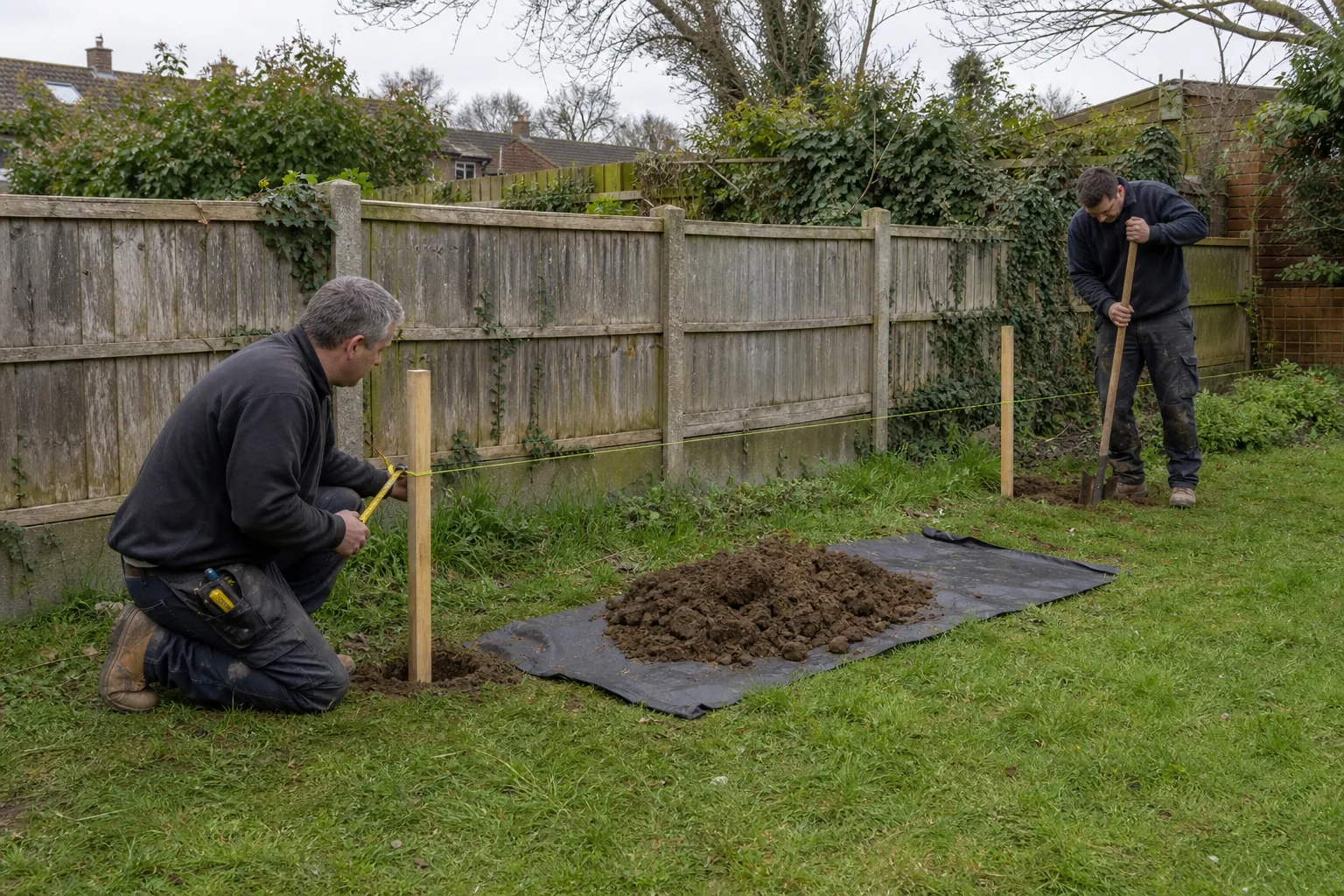 A taut string line marks post positions beside an existing garden fence.