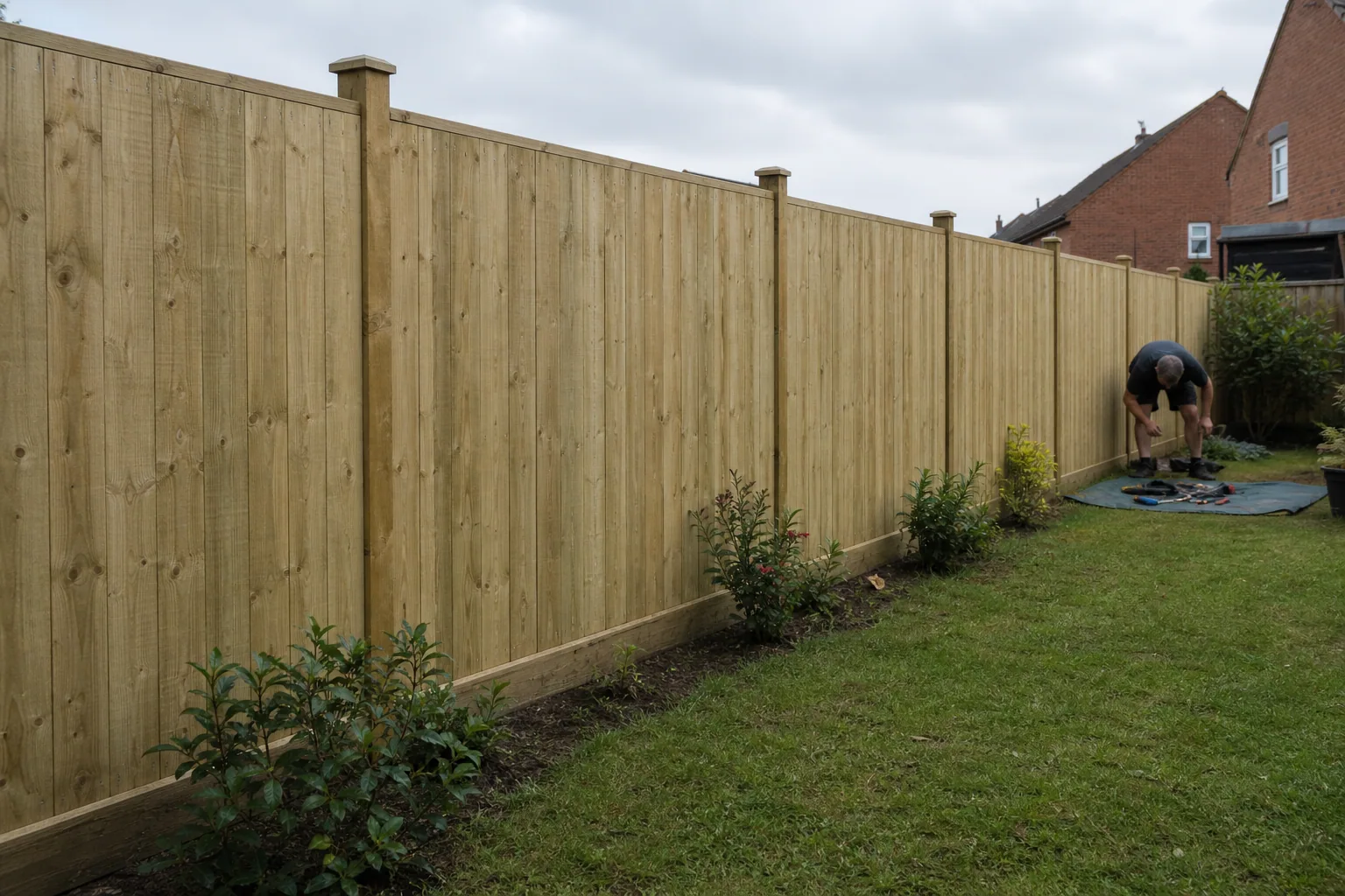 A straight run of timber garden fencing beside a cleared soil border.