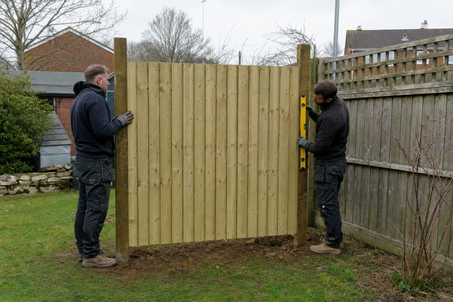 Two workers fit a timber fence panel between upright posts in a garden.