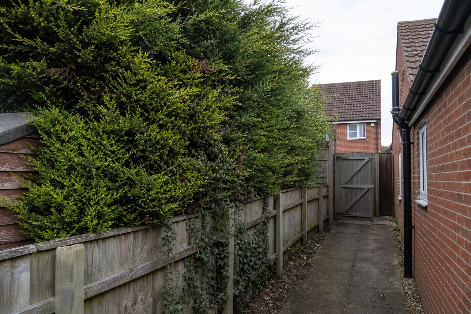 A dense evergreen hedge beside a timber fence and narrow paved side access.