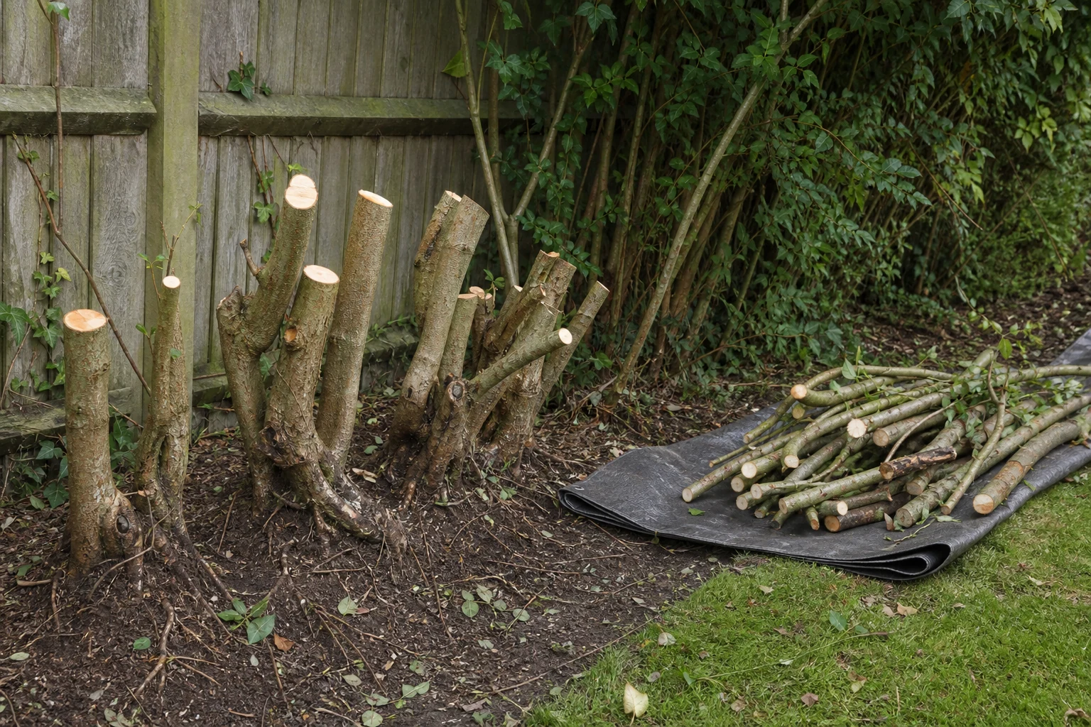 Cut hedge stems and a small stack of branches beside a garden fence.