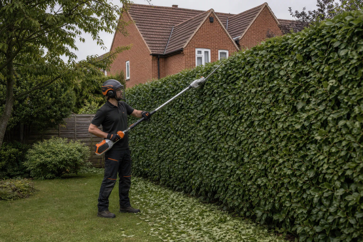 A hedge worker trims the face of a dense garden hedge with a long-reach trimmer.