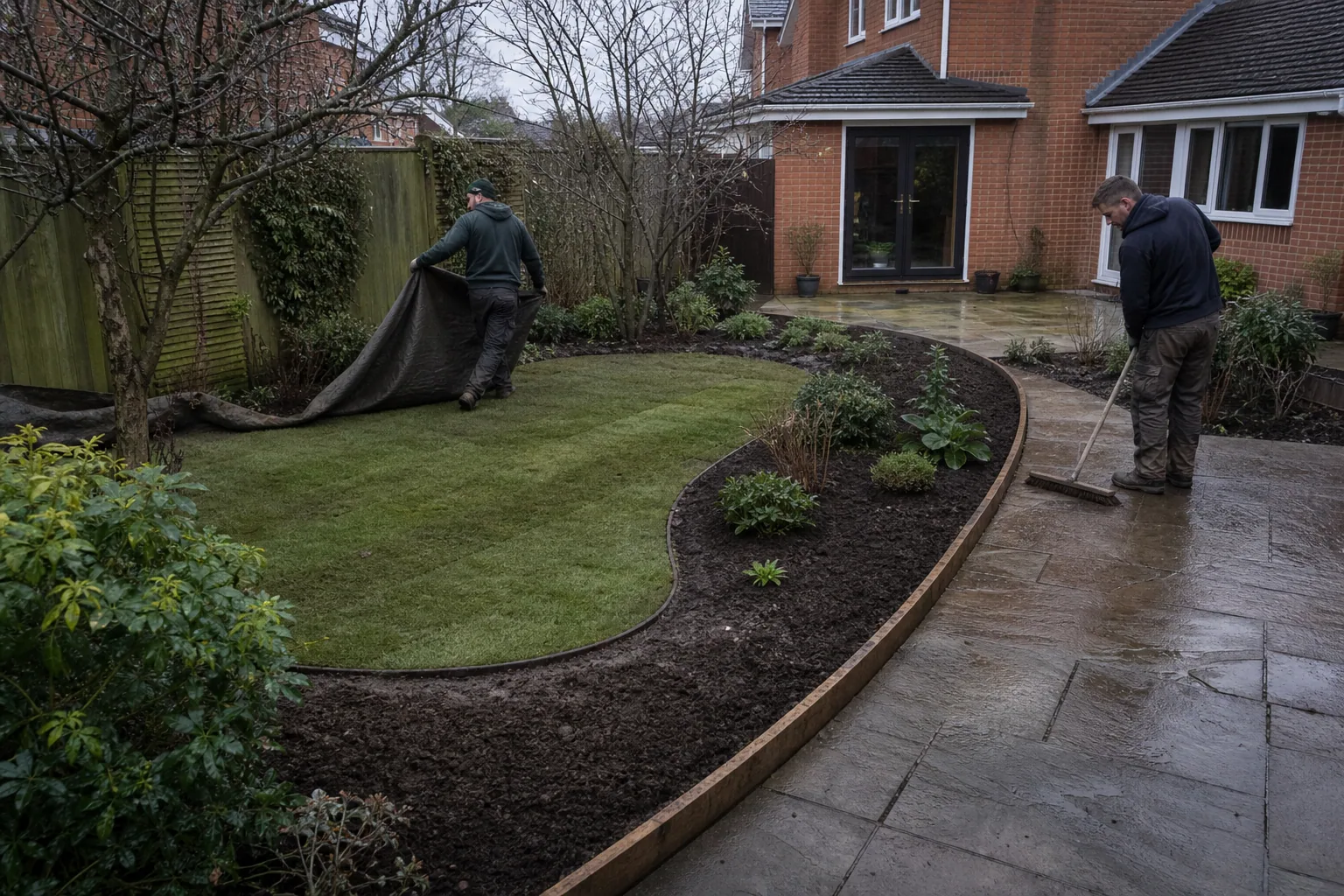 A finished garden area with level turf, a simple soil border and a clear path.