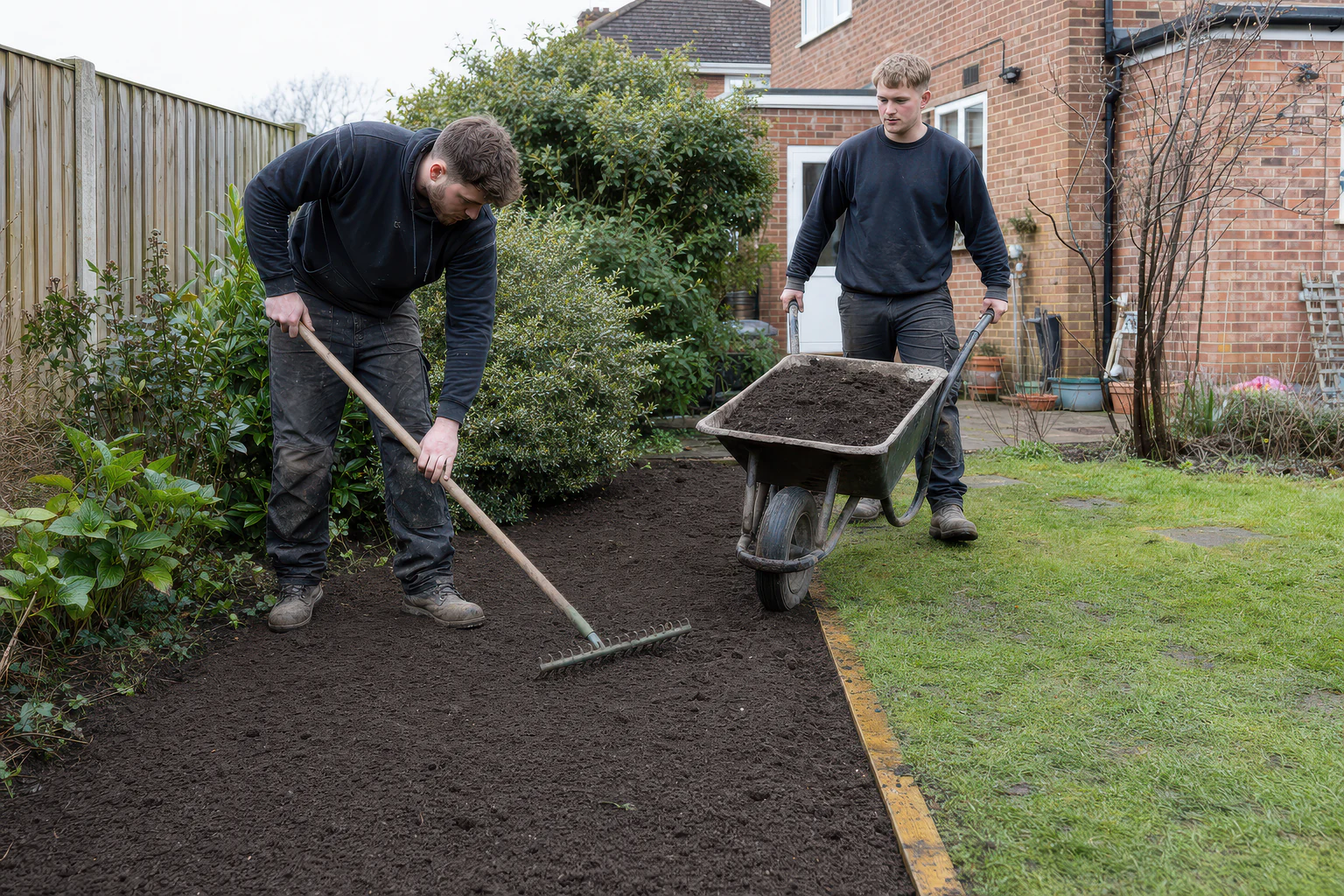 Two workers prepare and rake a defined garden area beside retained planting.
