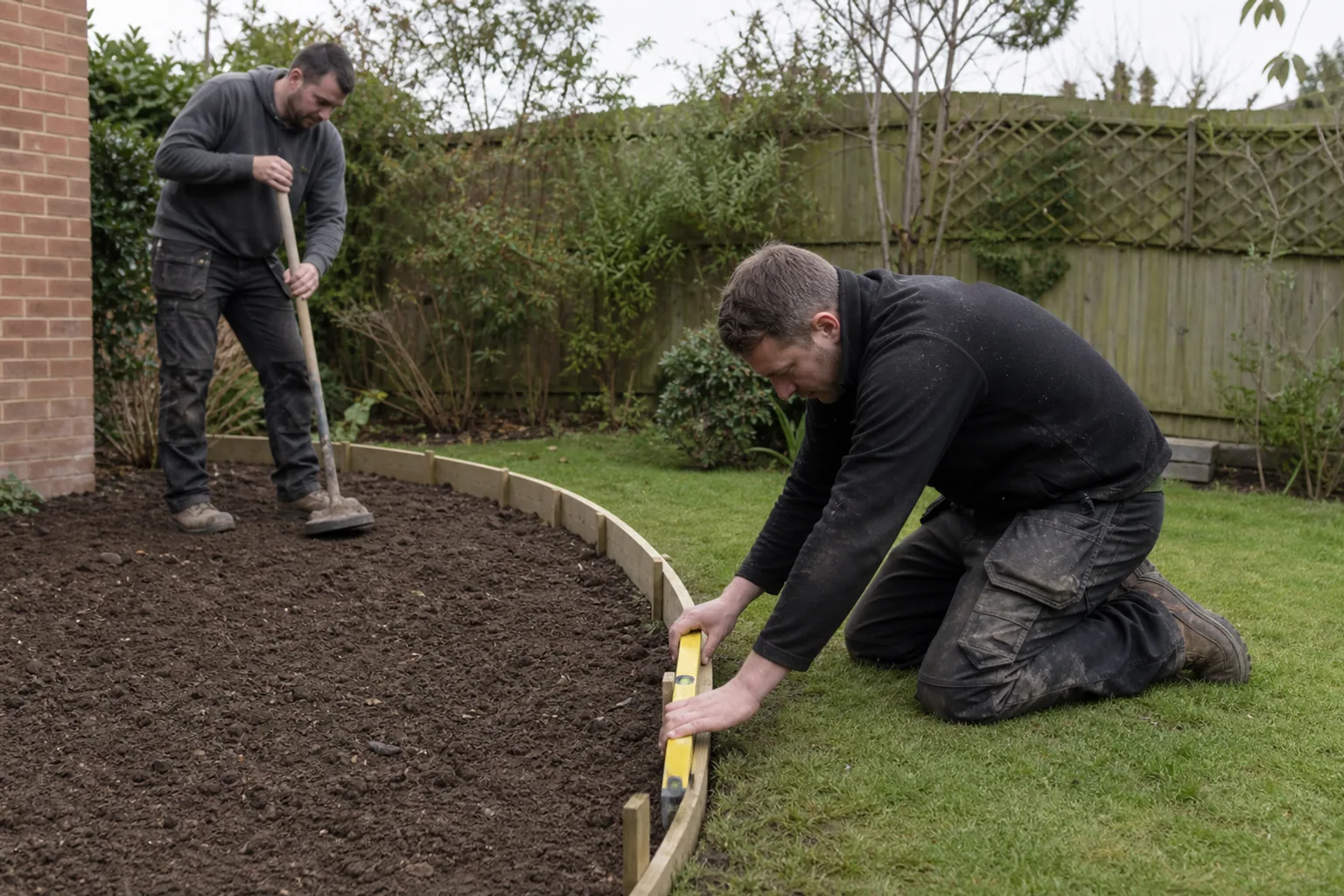 A worker checks a curved timber edge between prepared soil and an existing lawn.