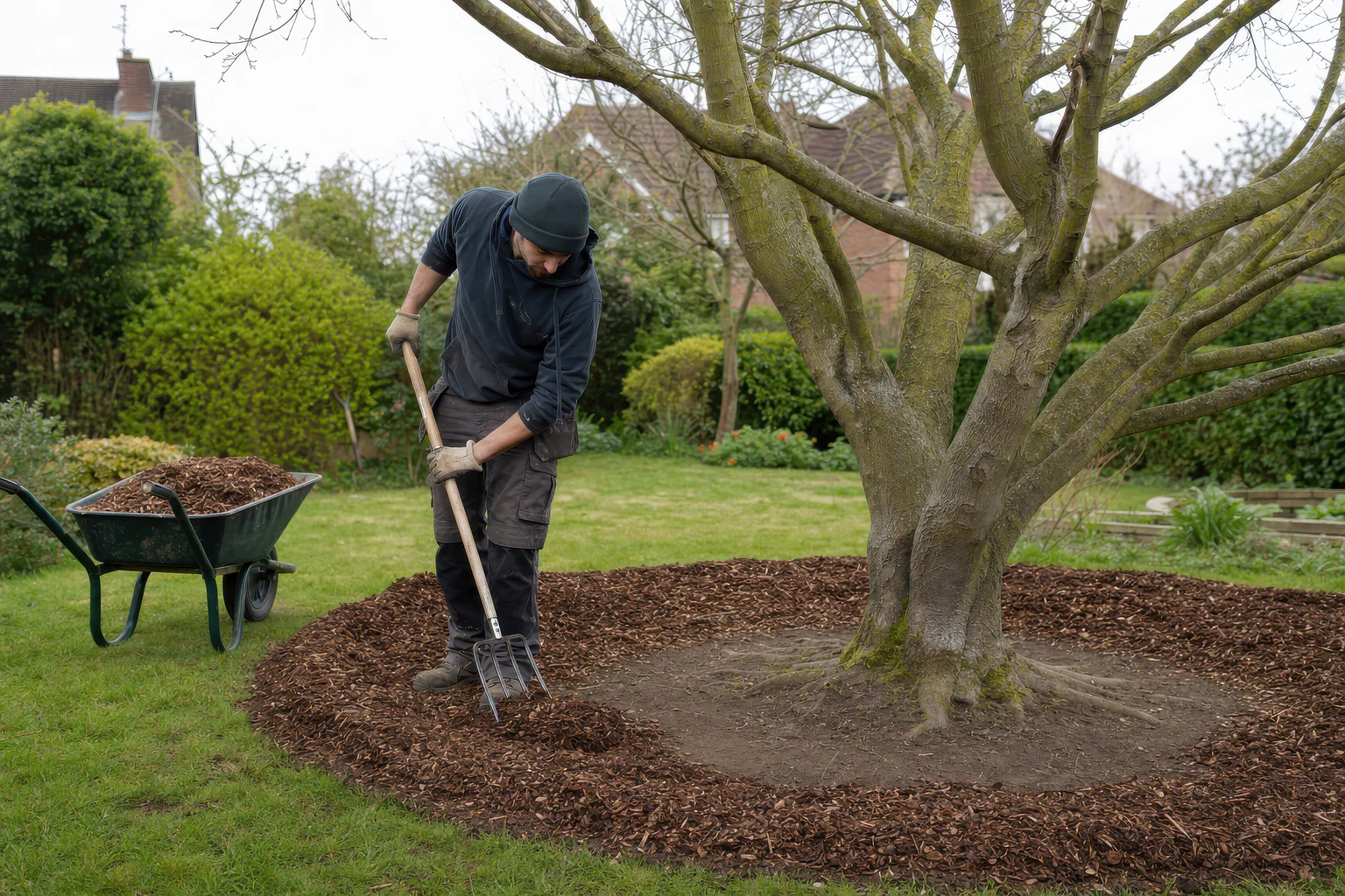 A worker spreads wood-chip mulch around a mature garden tree with a fork.