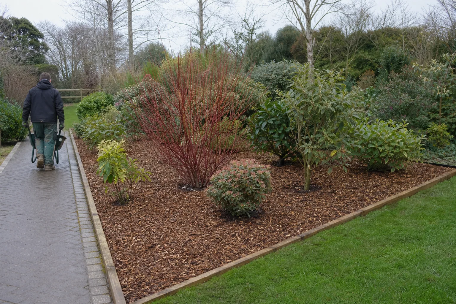 A finished mulched border with clear edges around established shrubs.