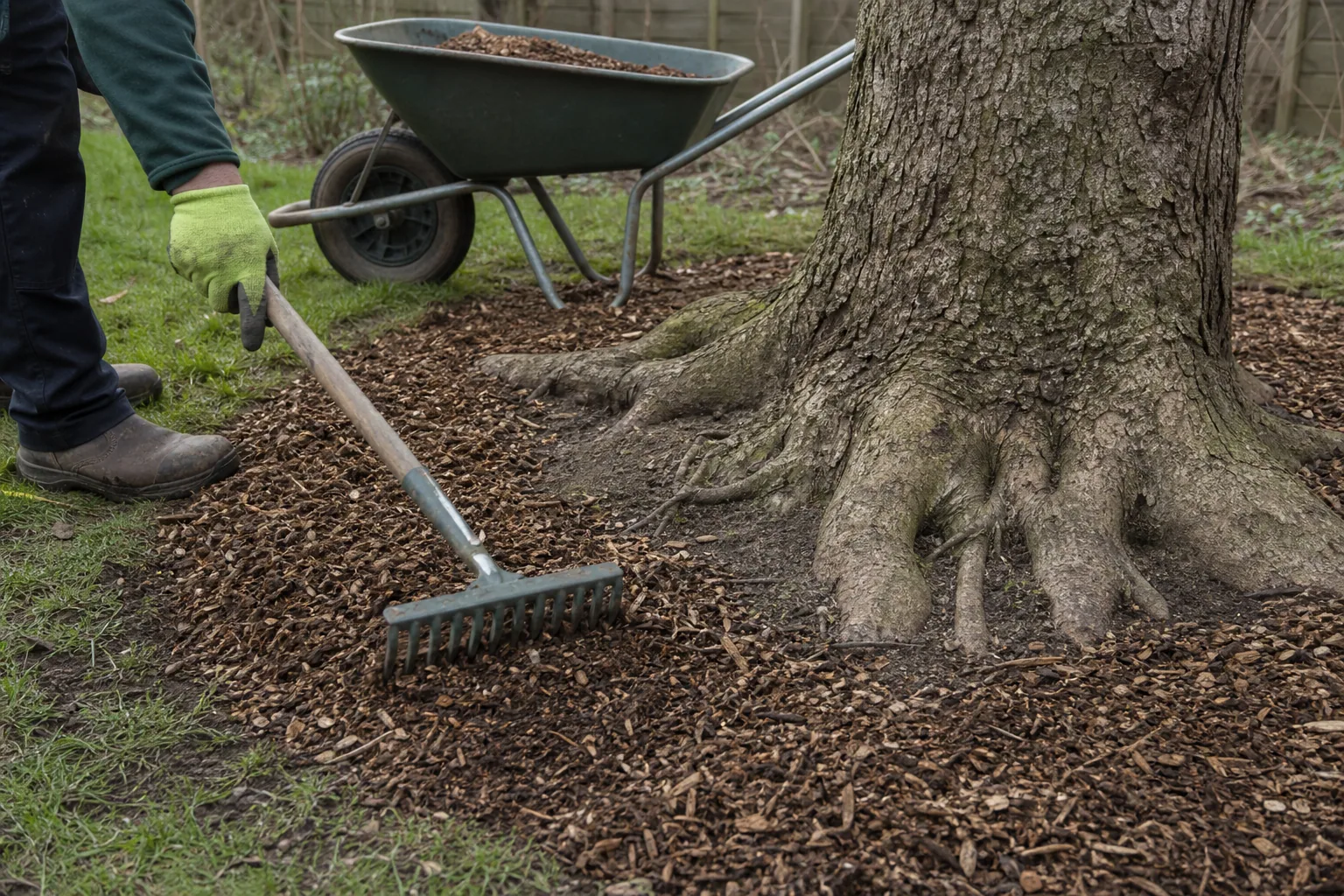 An even mulch ring surrounds a mature tree with the trunk base left clear.