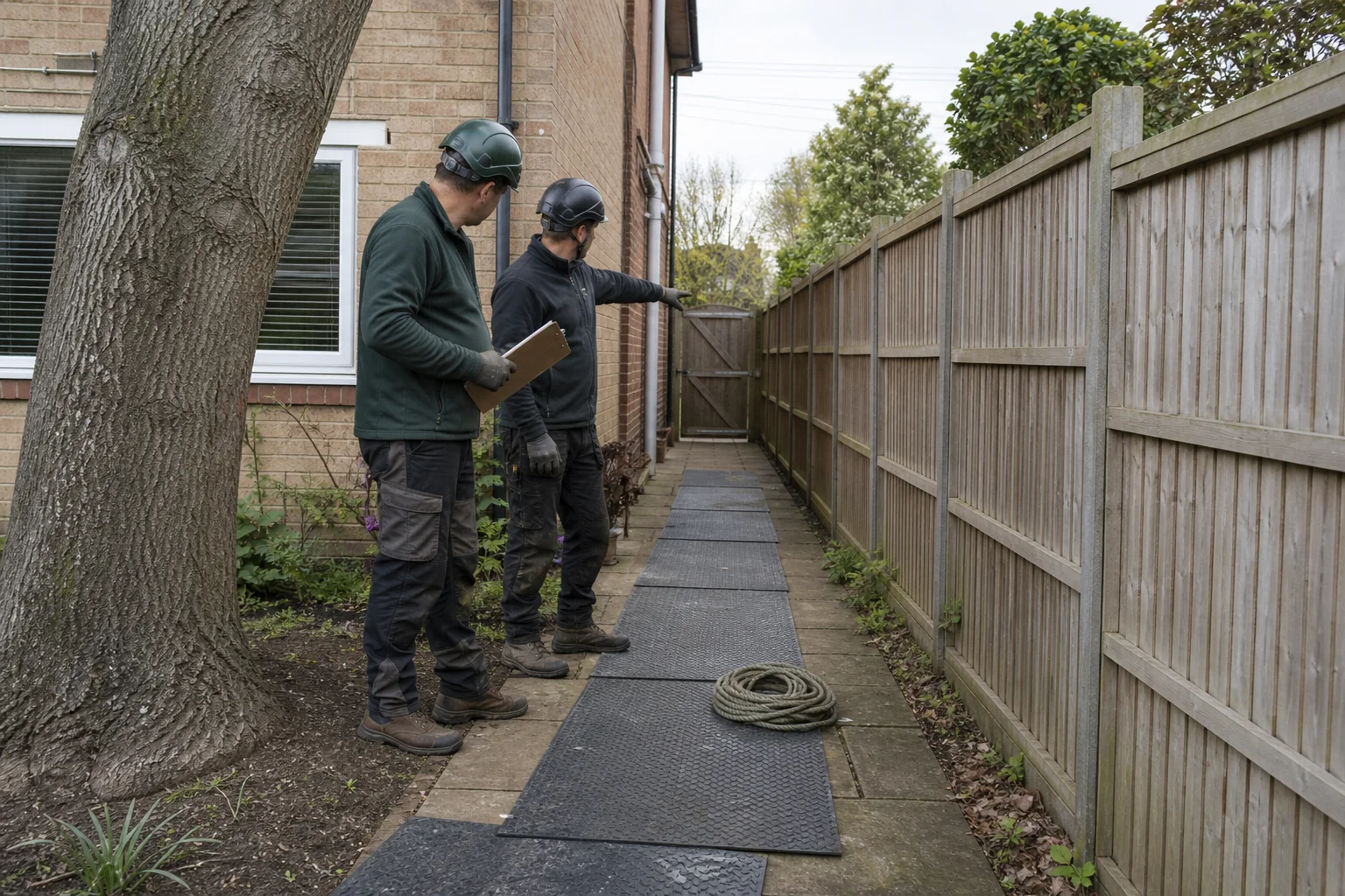 Two tree workers plan a protected route along a narrow side passage beside a house.