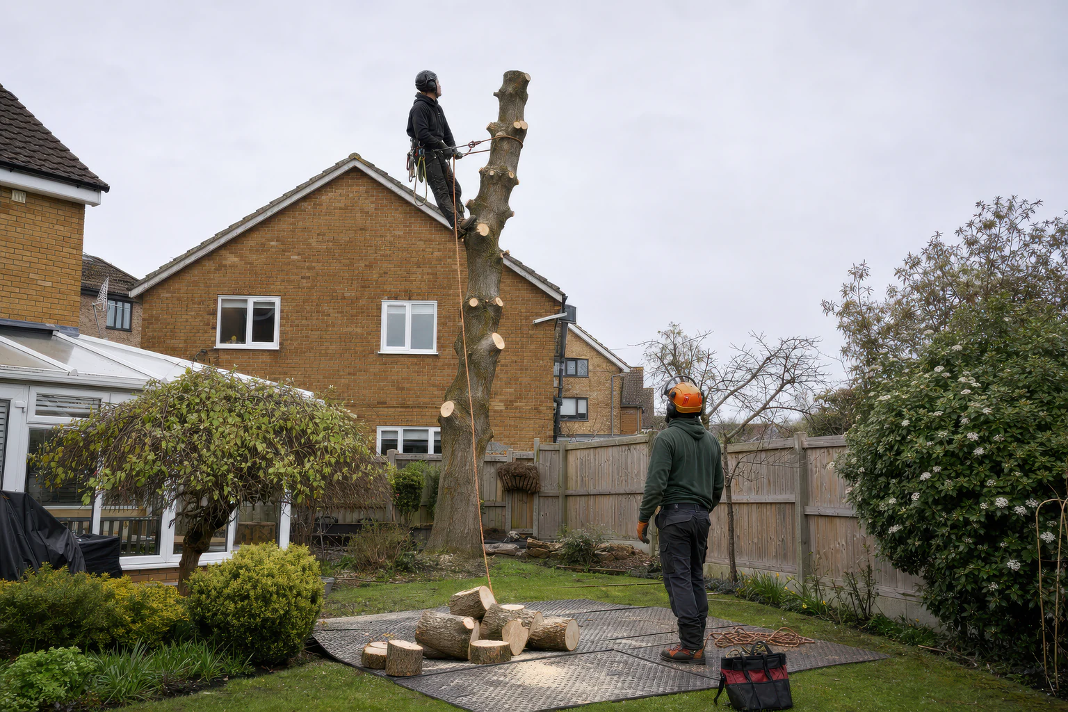 An arborist secured on a shortened tree stem above timber sections on ground-protection mats.