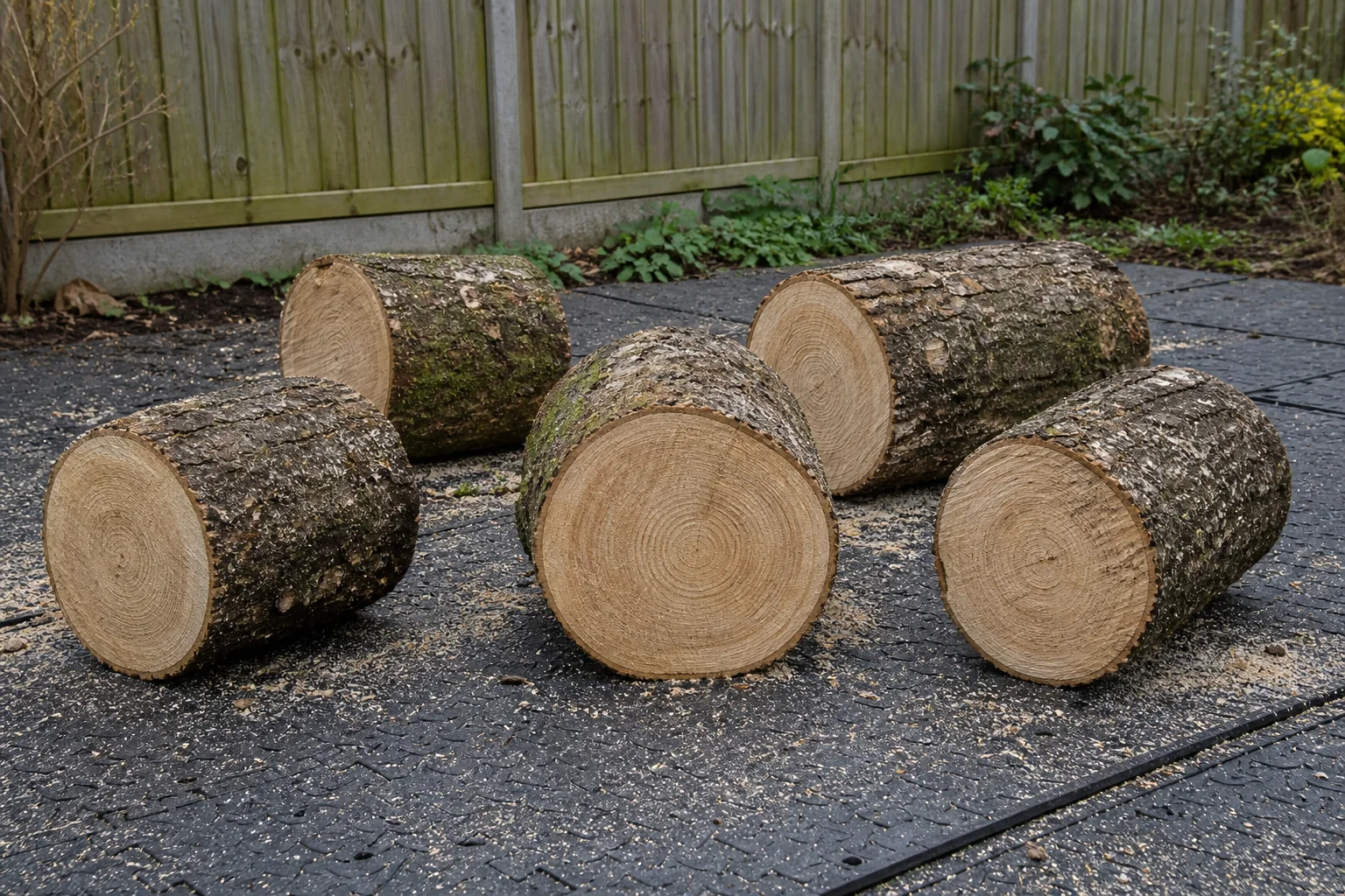 Five short tree-stem sections resting on protective mats in a garden.