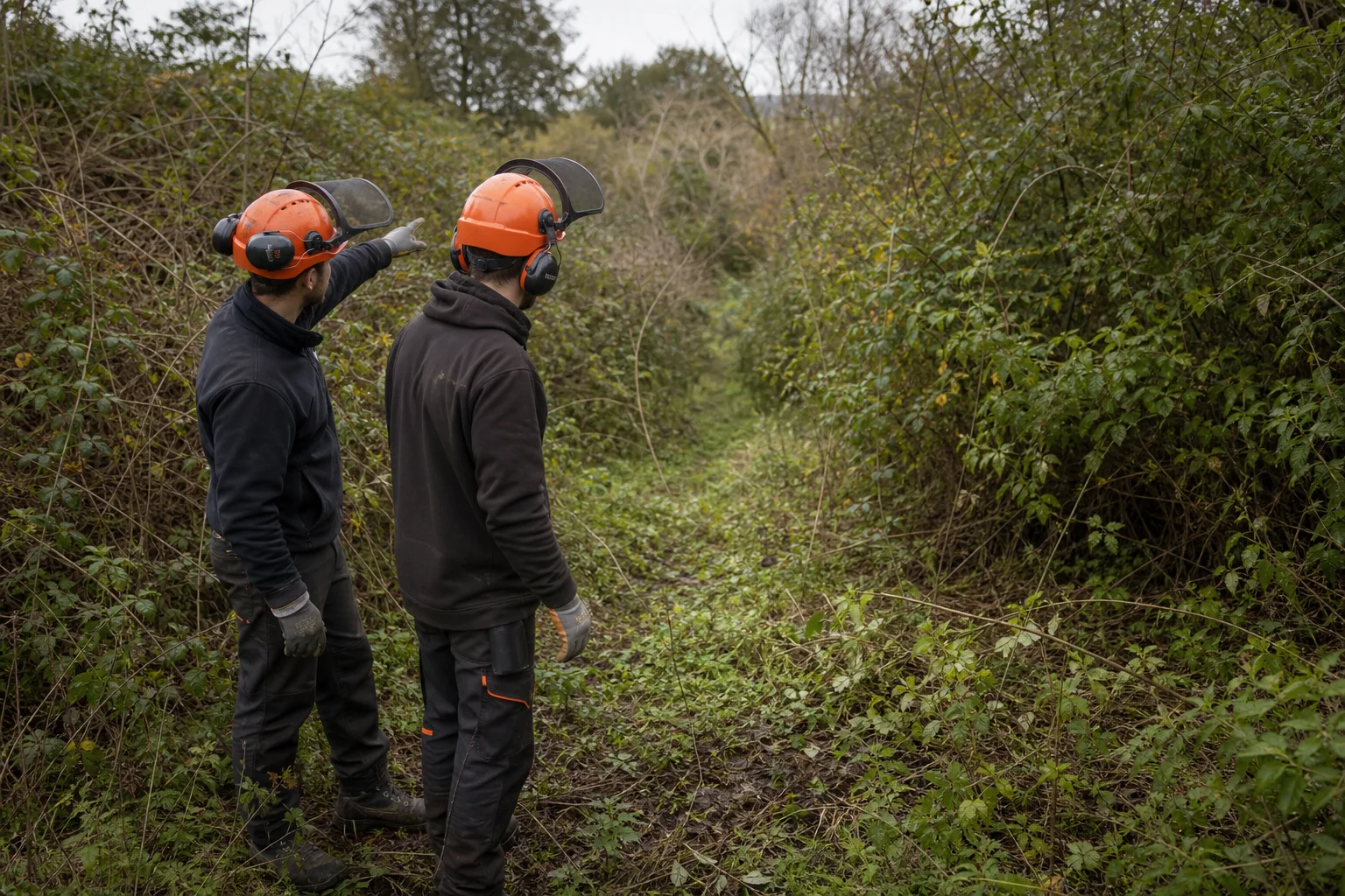 Two arborists inspect an uneven route through scrub before clearance work.