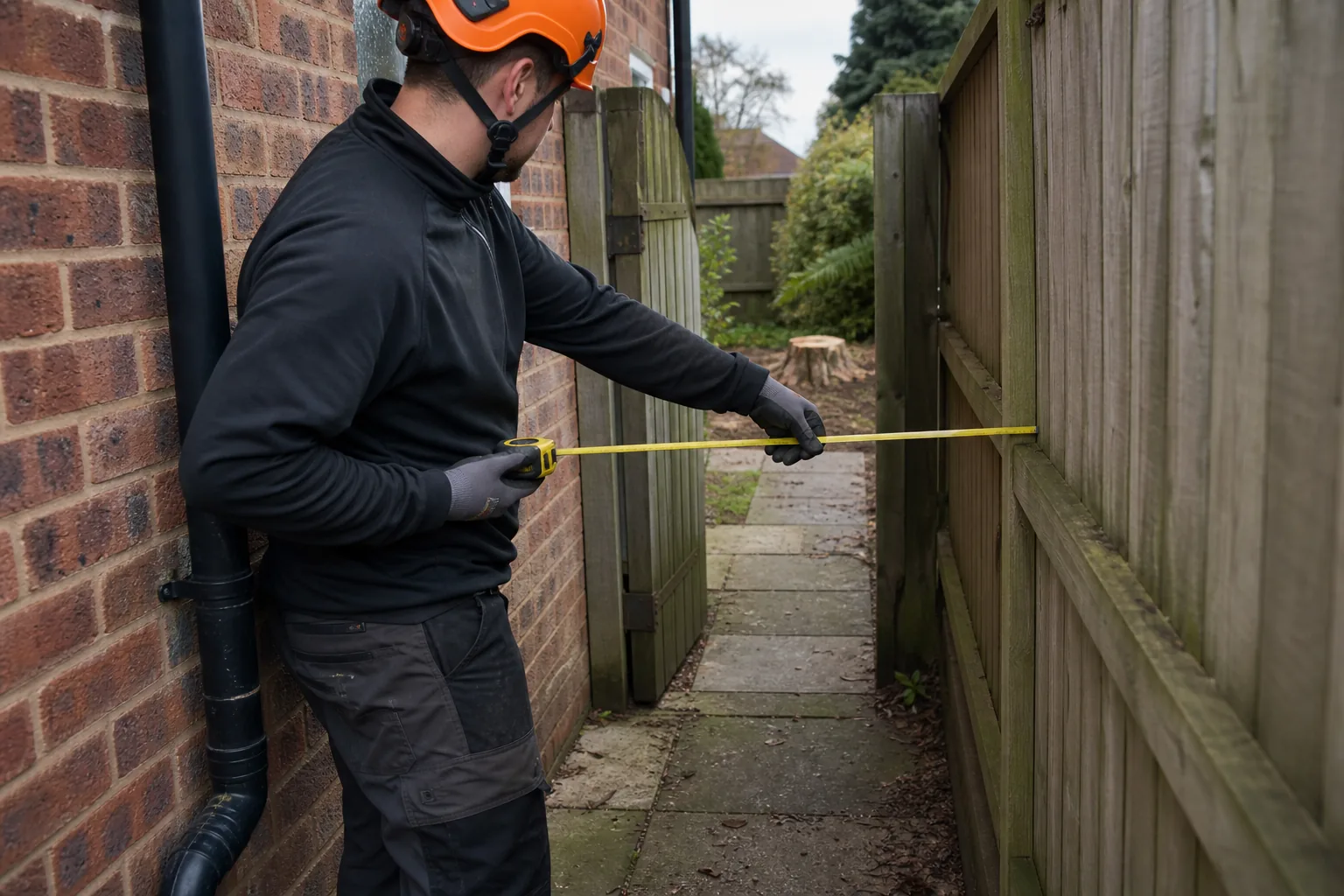 A tree worker measures a narrow passage between a house and garden fence.