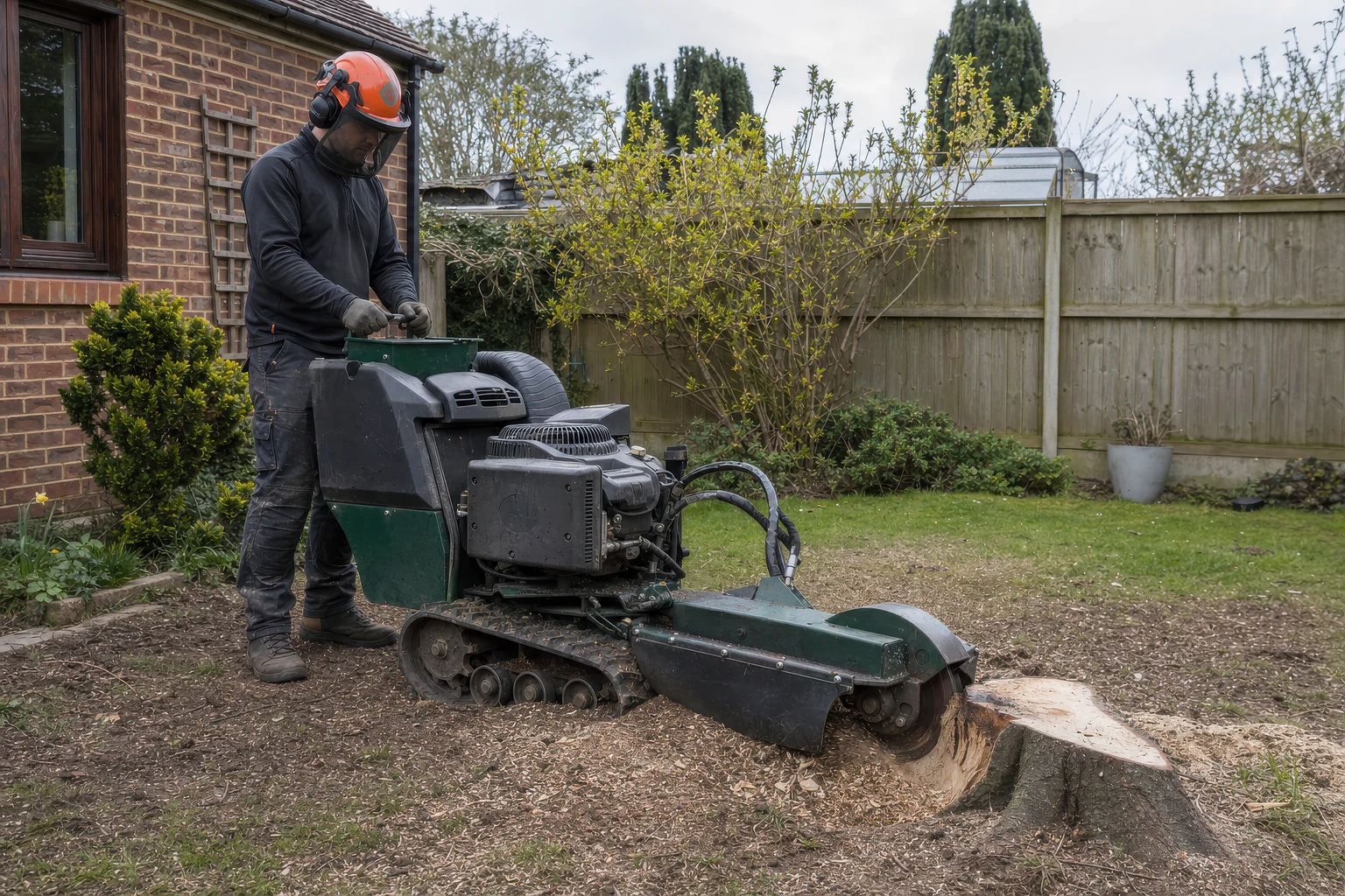 A tree worker uses a tracked stump grinder on a cut stump in a back garden.