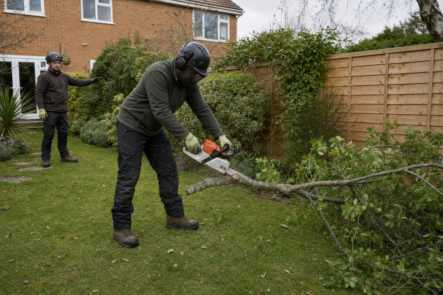 A tree worker cross-cuts a fallen branch on a lawn while a second worker keeps the route clear.