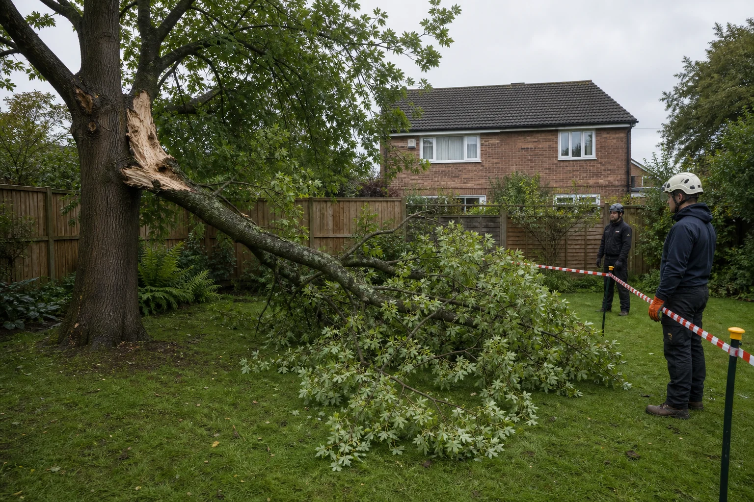 A split tree branch rests on a lawn behind a temporary pedestrian barrier.