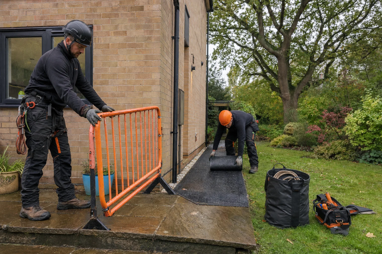 Two tree workers position a pedestrian barrier and ground mat beside a house.
