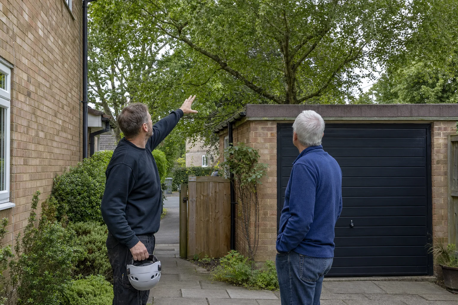 A tree worker gestures towards branches above a garage while another person watches.