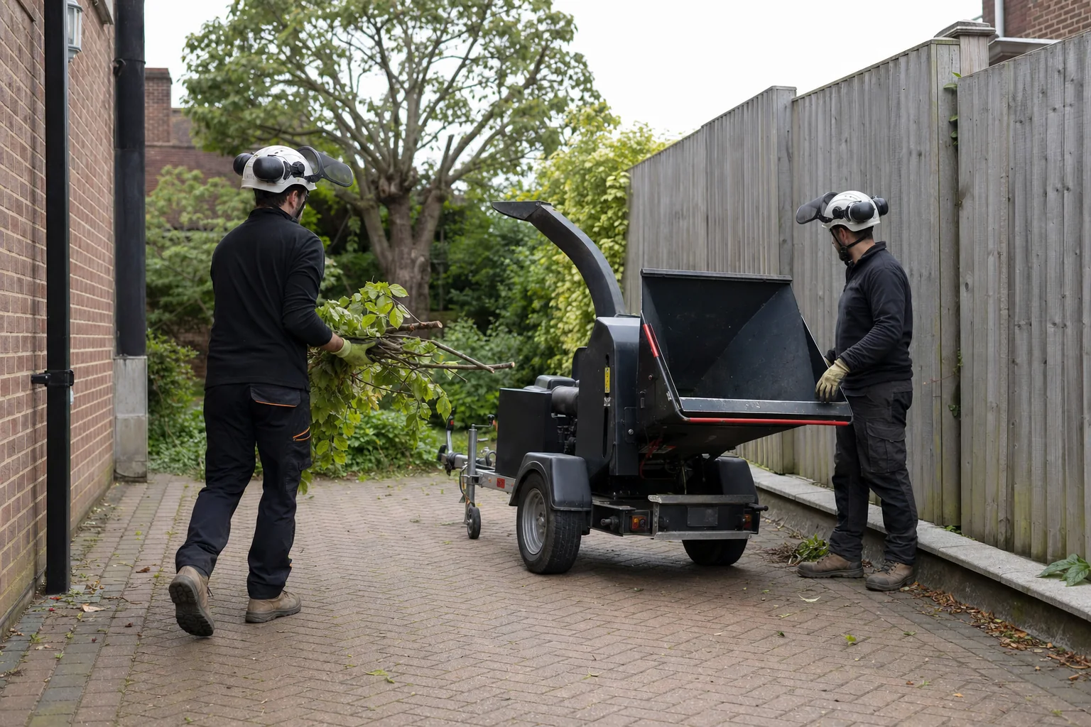 Two tree workers organise cut branches beside an unbranded wood chipper on a driveway.