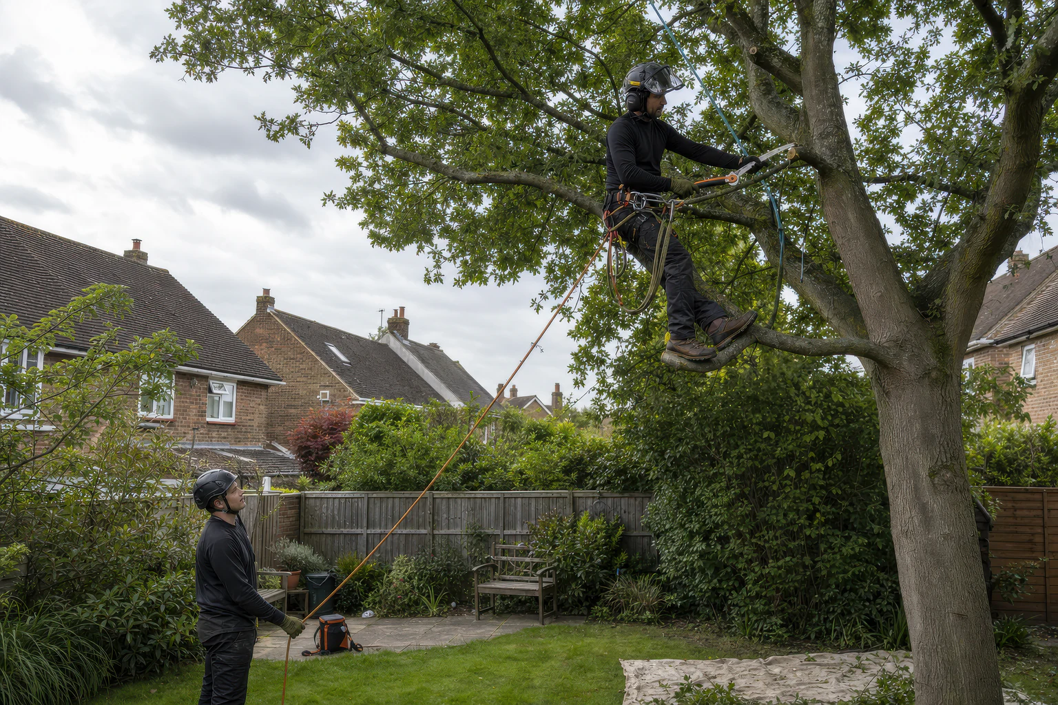 A rope-secured arborist prunes a modest branch while a ground worker manages the rope below.